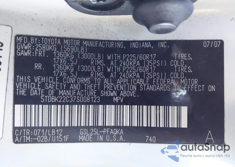 2007 Toyota Sienna Xle из США, поврежденный, VIN 5TDBK22C37S008123